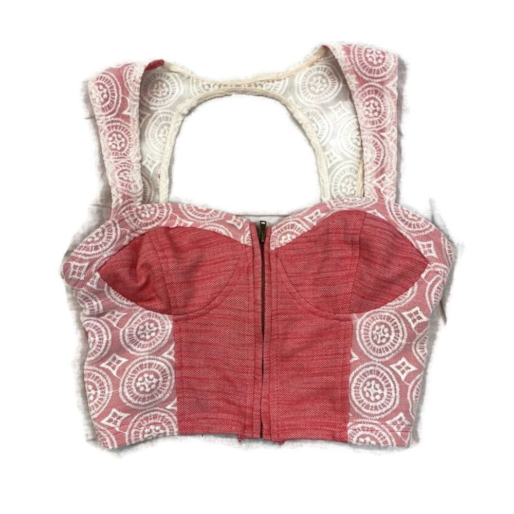 Pins & Needles Brand Lace Overlay‎ Zip Front Crop Top Size Small Cream and Red